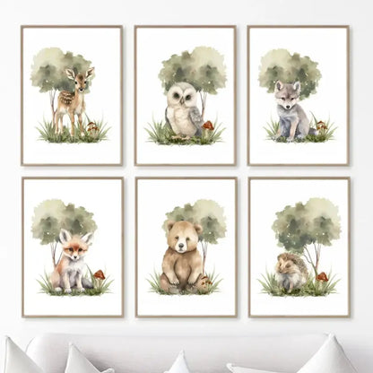 Affiche toile animaux de la foret et arbre - affiche